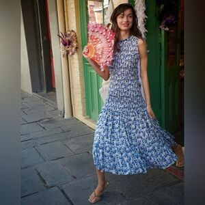Veronica Beard Blue Verena Floral Smocked Drop Waist Dress